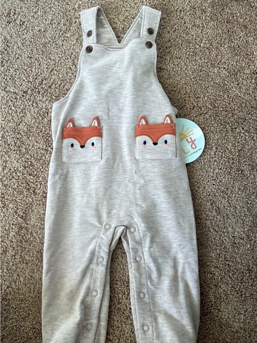 Little Sleepies Cream Overall Romper with Orange Fox Pockets